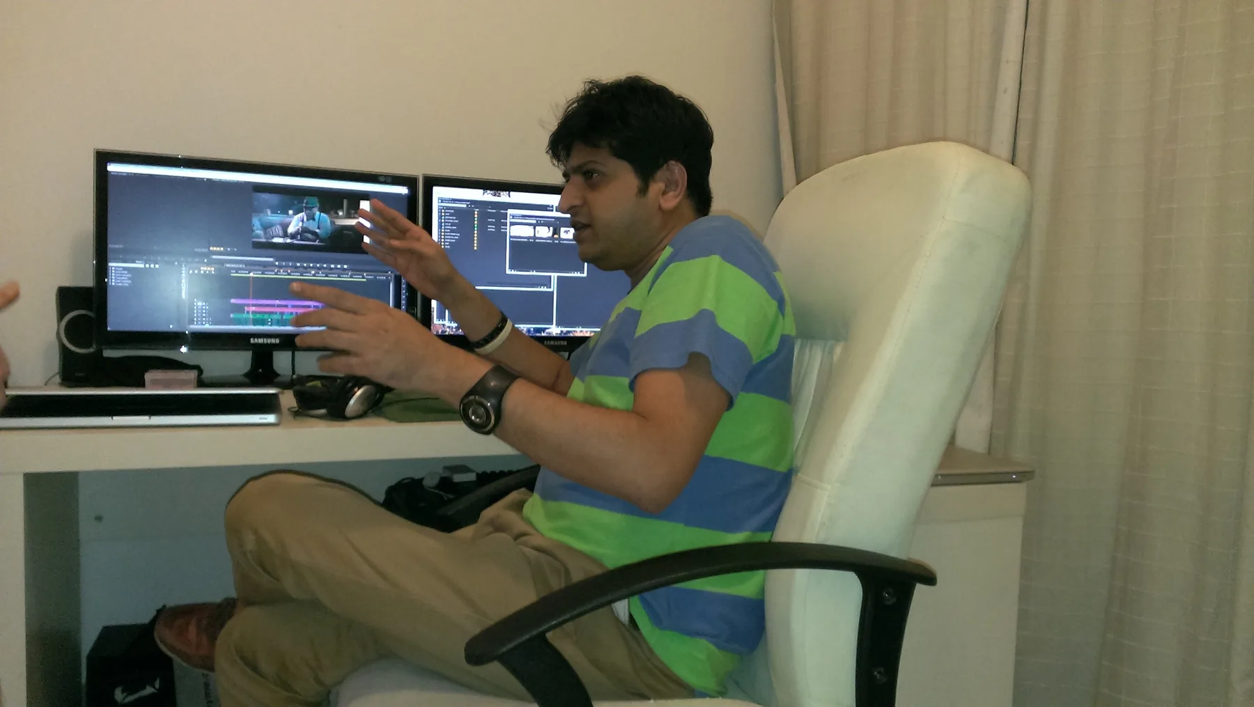 Saumin Mehta at the editing desk during Midnight Delight post-production