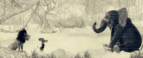 Midnight Delight — stills from the animated opening — a lion, a mouse and an elephant