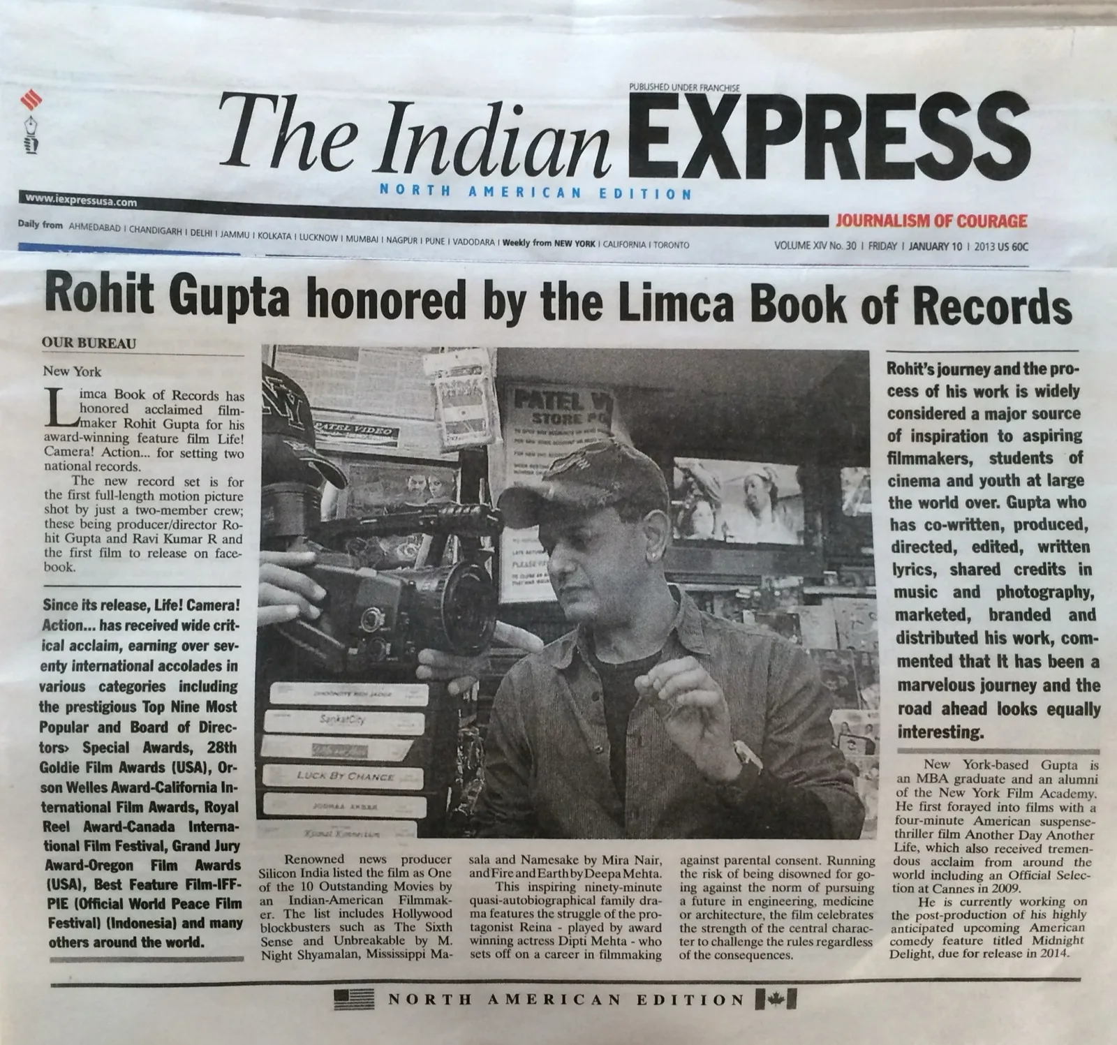 The Indian Express, North American Edition, front page of Friday 10 January 2013 — the lead story reads "Rohit Gupta honored by the Limca Book of Records"